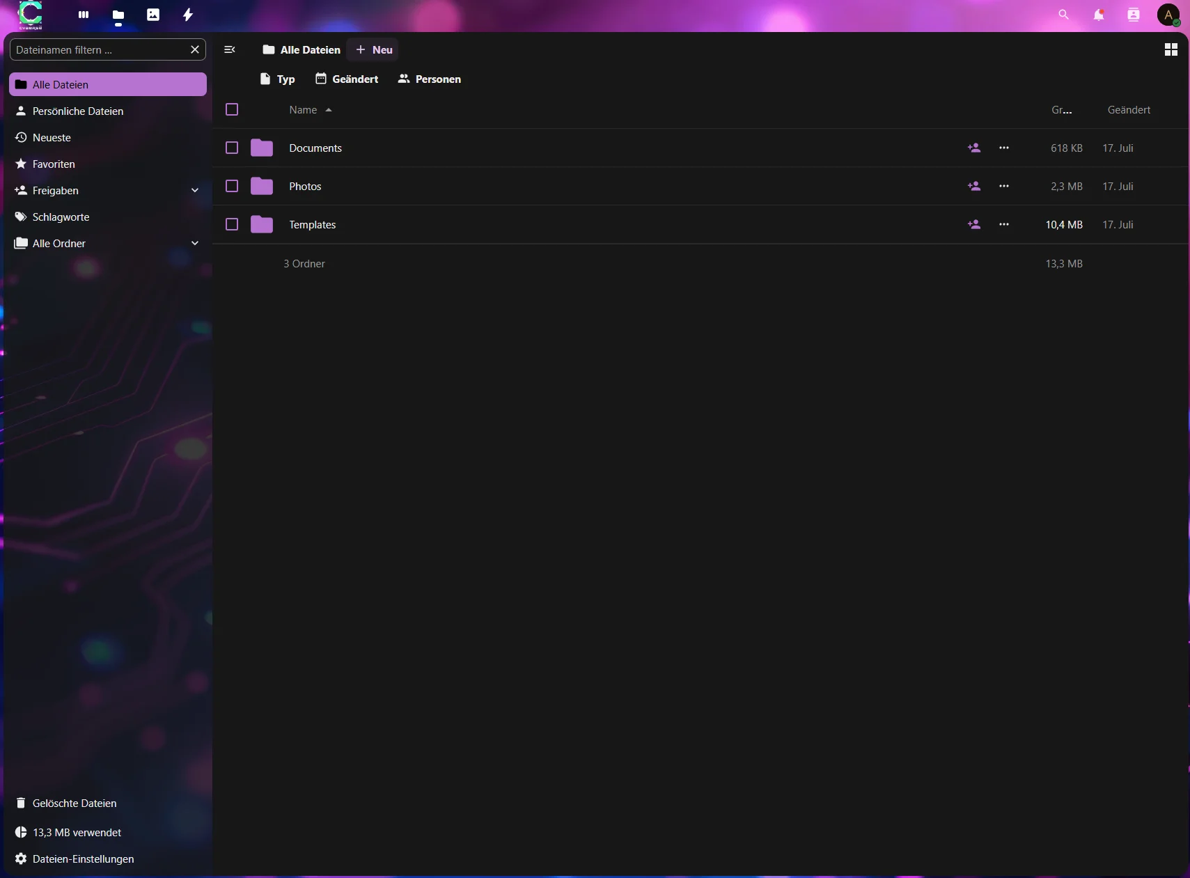 Cyberse Cloud Interface - Moderne Dateiübersicht